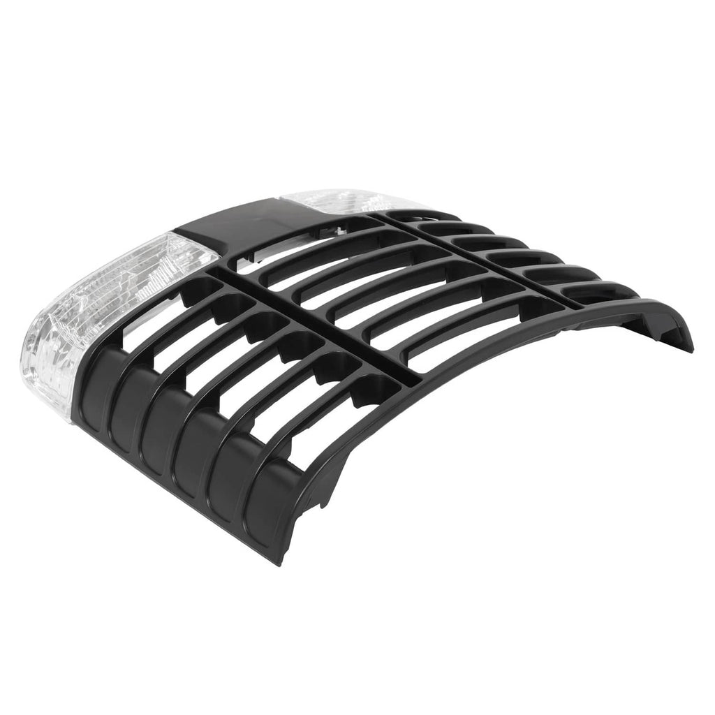 Black ABS grille with clear headlight lens, angled view showing curved slat design
