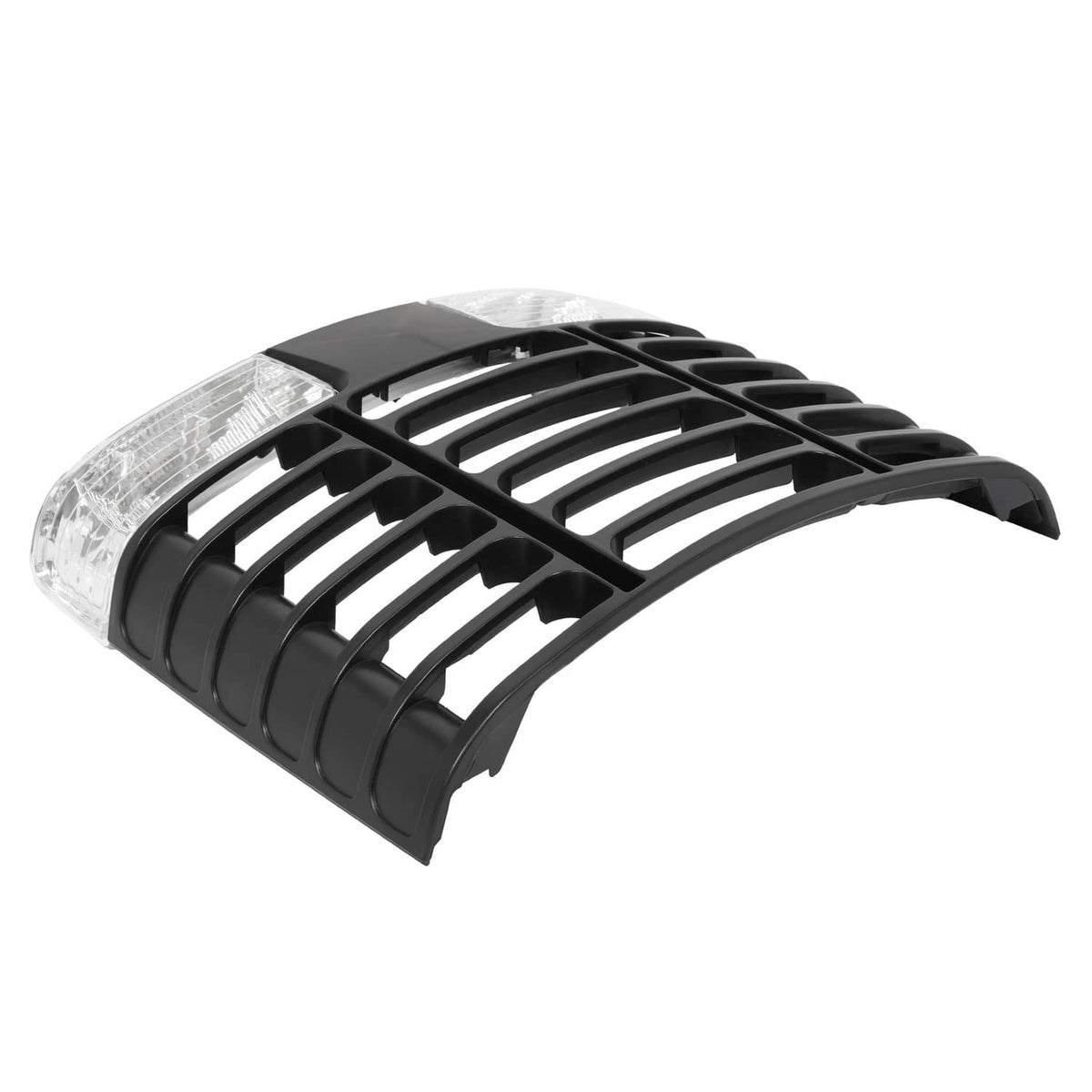 Black ABS grille with clear headlight lens, angled view showing curved slat design