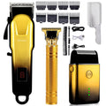 Gold hair clipper with LED display and adjustable blade set, includes guard combs