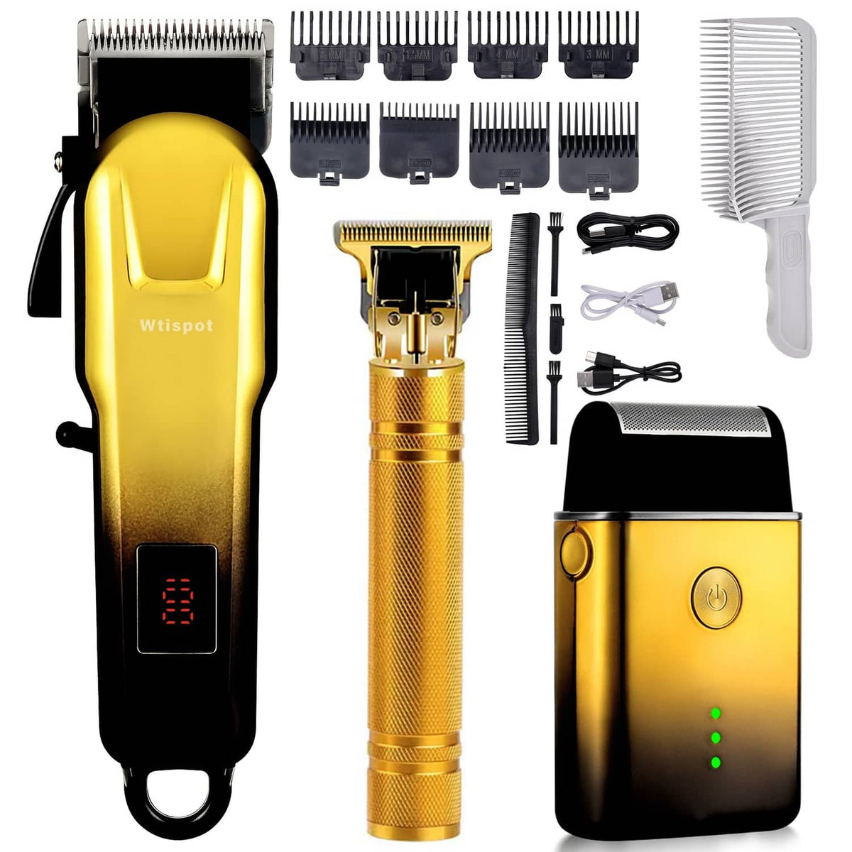 Gold hair clipper with LED display and adjustable blade set, includes guard combs