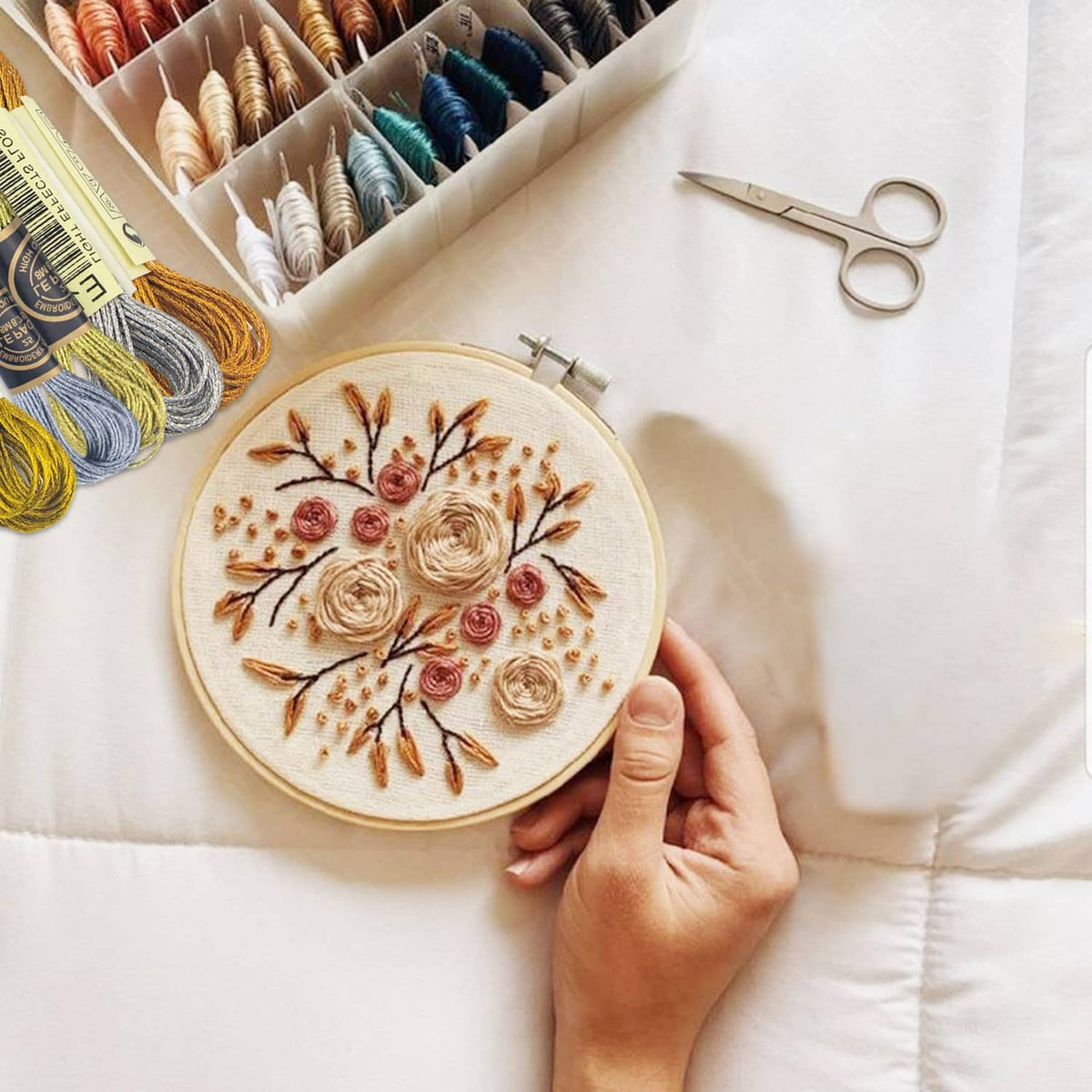 Floral embroidery hoop using metallic threads with silver accents