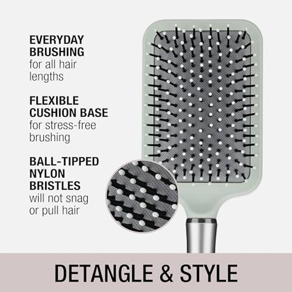 Mint paddle hair brush with flexible cushion base and ball-tipped nylon bristles