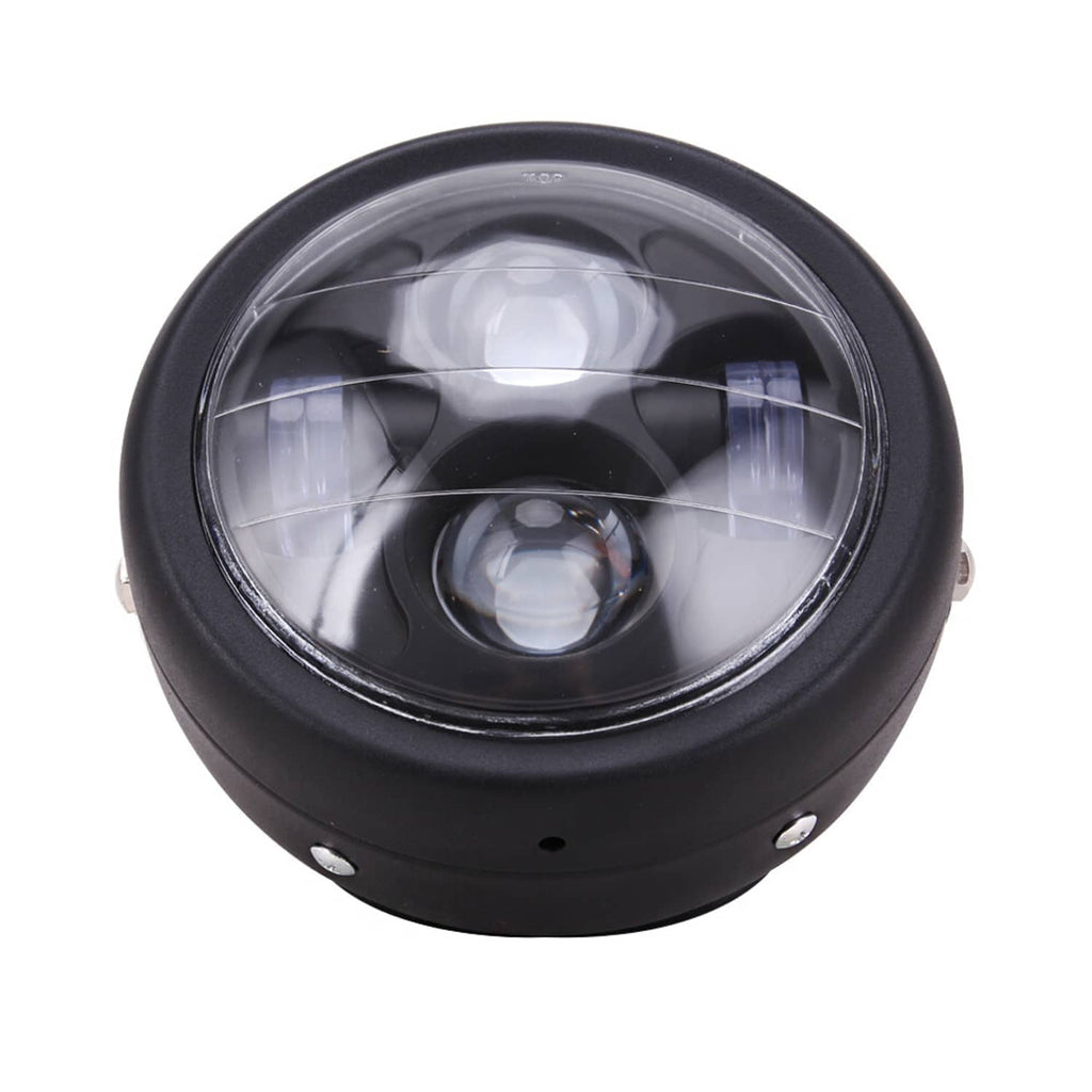 Front view of black 6.5-inch motorcycle LED headlight with clear lens and LED lens elements