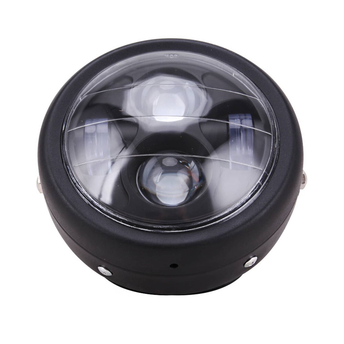 Front view of black 6.5-inch motorcycle LED headlight with clear lens and LED lens elements