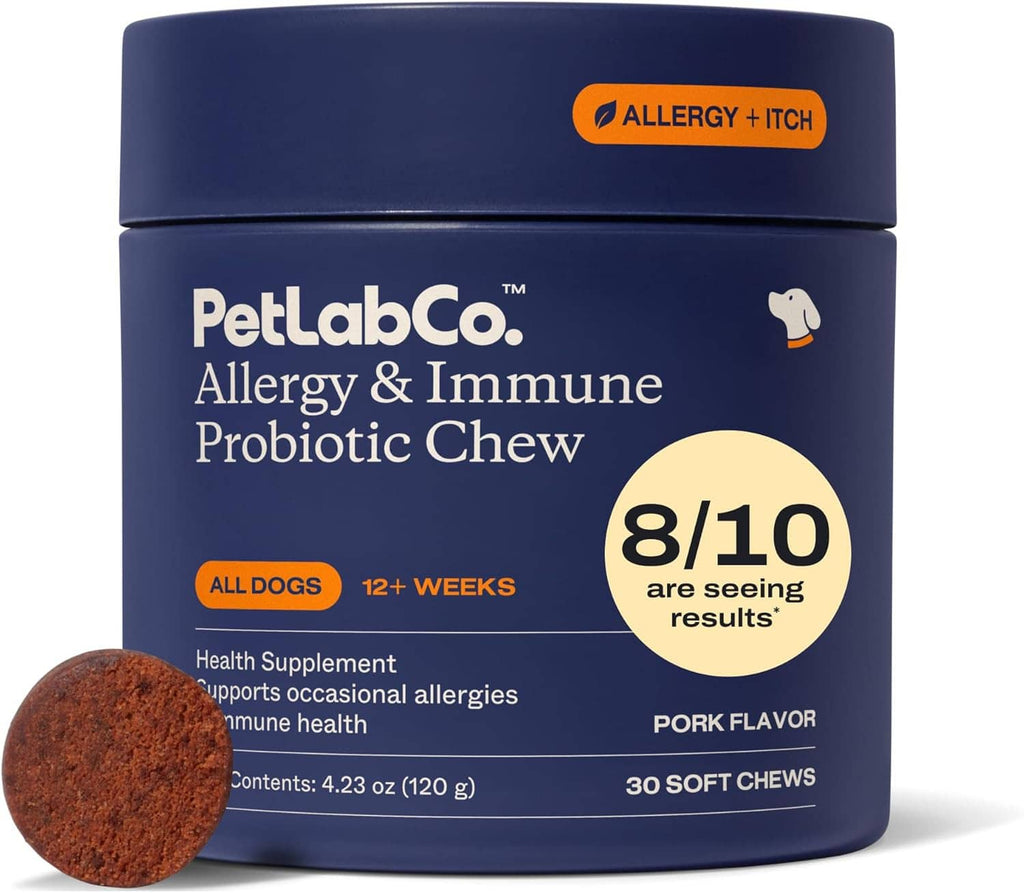 Dog allergy & immune probiotic chew jar: all dogs badge, 12+ weeks, 30 soft chews.