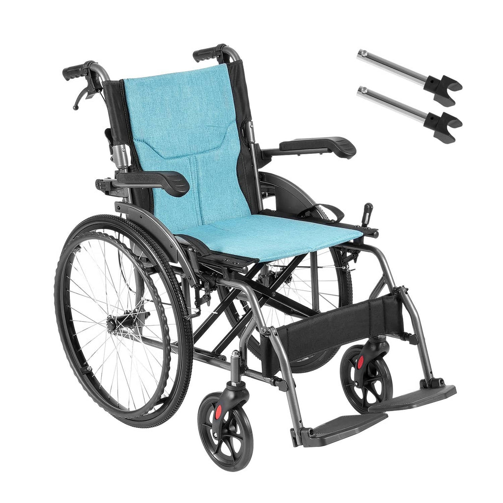 Foldable manual wheelchair with blue padded seat, swing-away armrests, and front casters