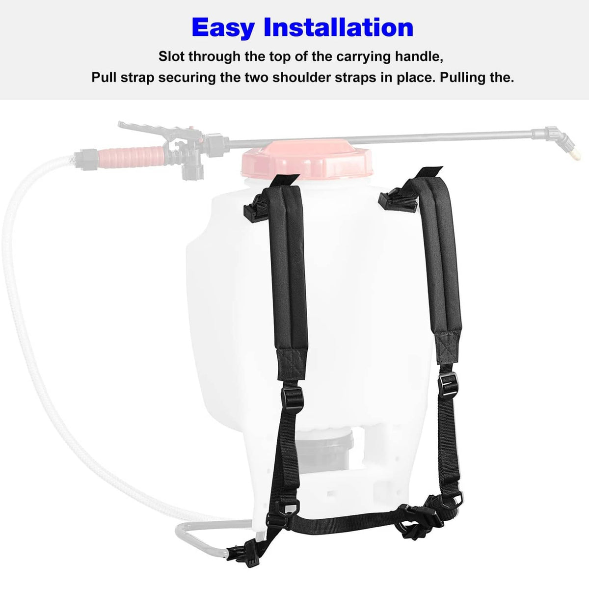 Black backpack sprayer replacement straps installed on a carry sprayer tank