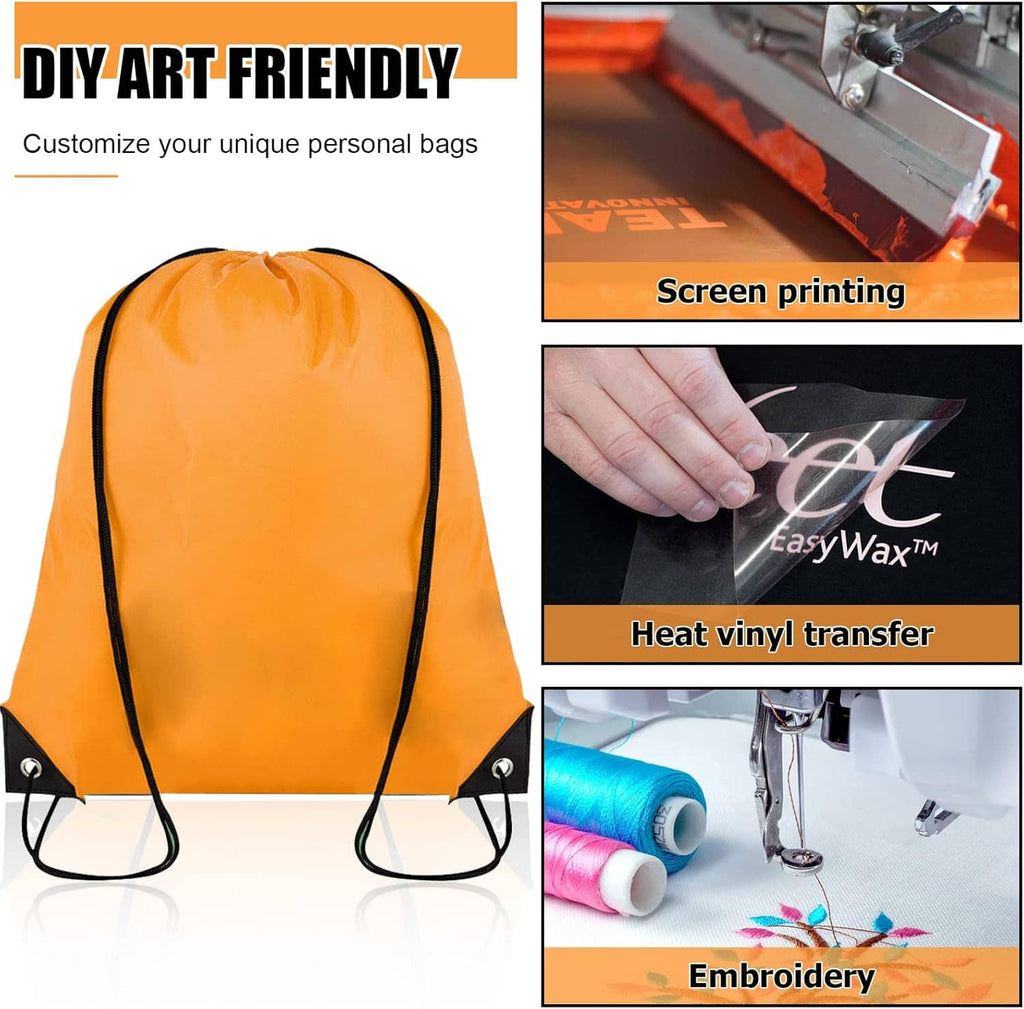 Orange drawstring backpack sack with black drawstrings and reinforced bottom for easy DIY customization.