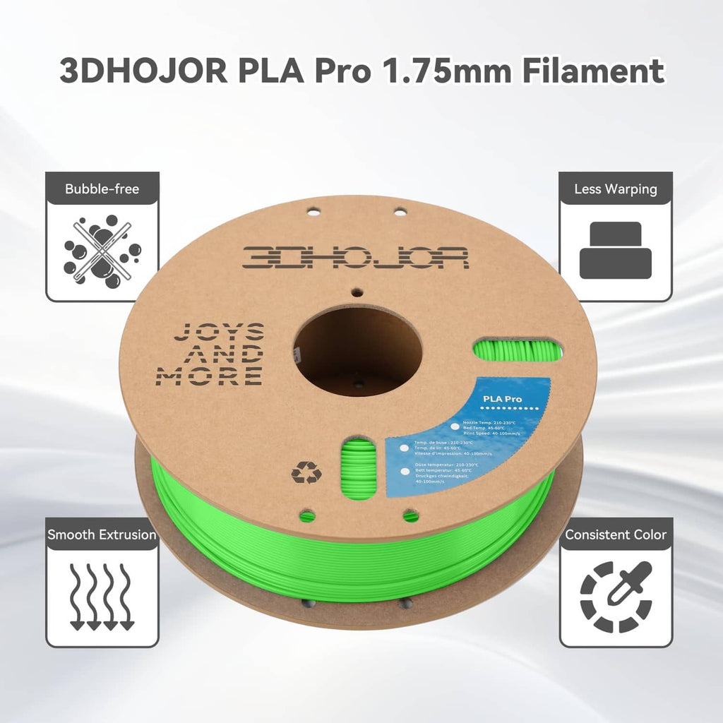 Green filament on cardboard reel spool with printed product info and icons