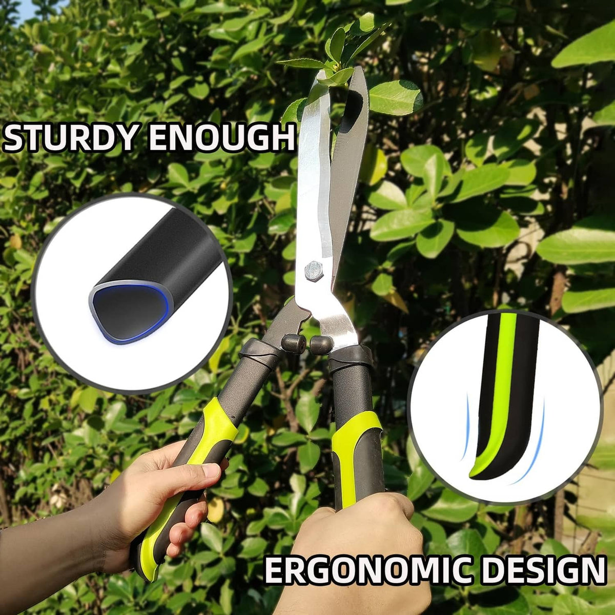 Hedge clippers with green-and-yellow ergonomic handles and black end caps