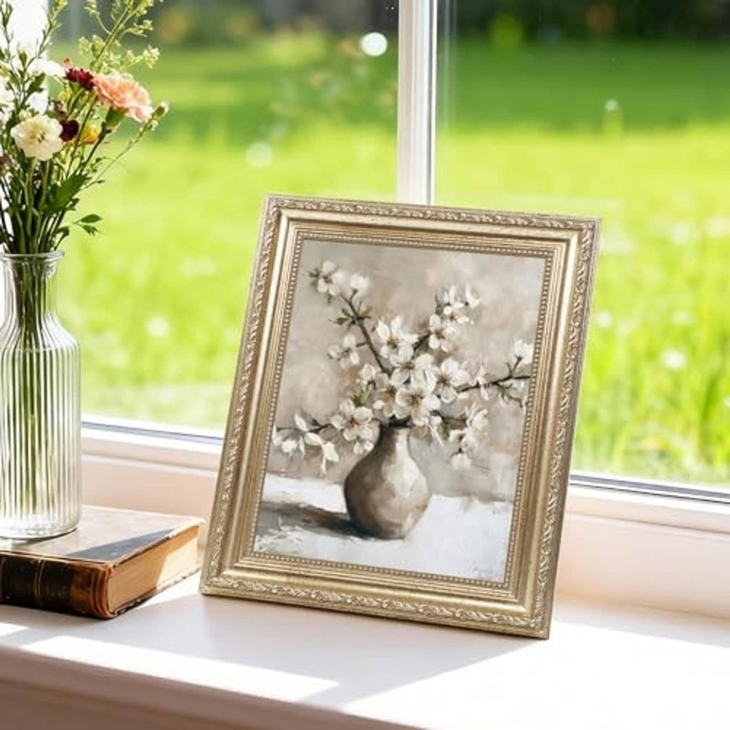Ornate distressed champagne-silver 8x10 picture frame with vase floral still-life