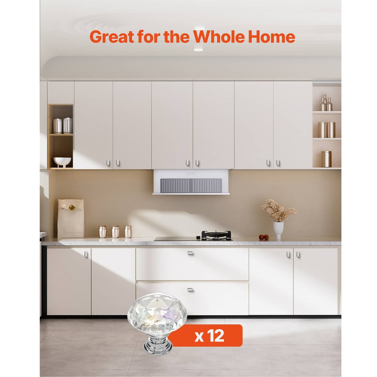 Set of twelve clear acrylic diamond cabinet knobs on chrome bases, shown in a kitchen.
