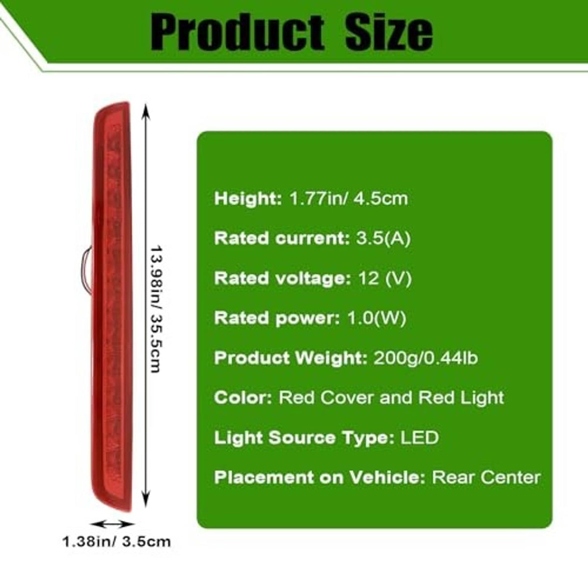 Red LED third brake light size chart with height, voltage, and color specs