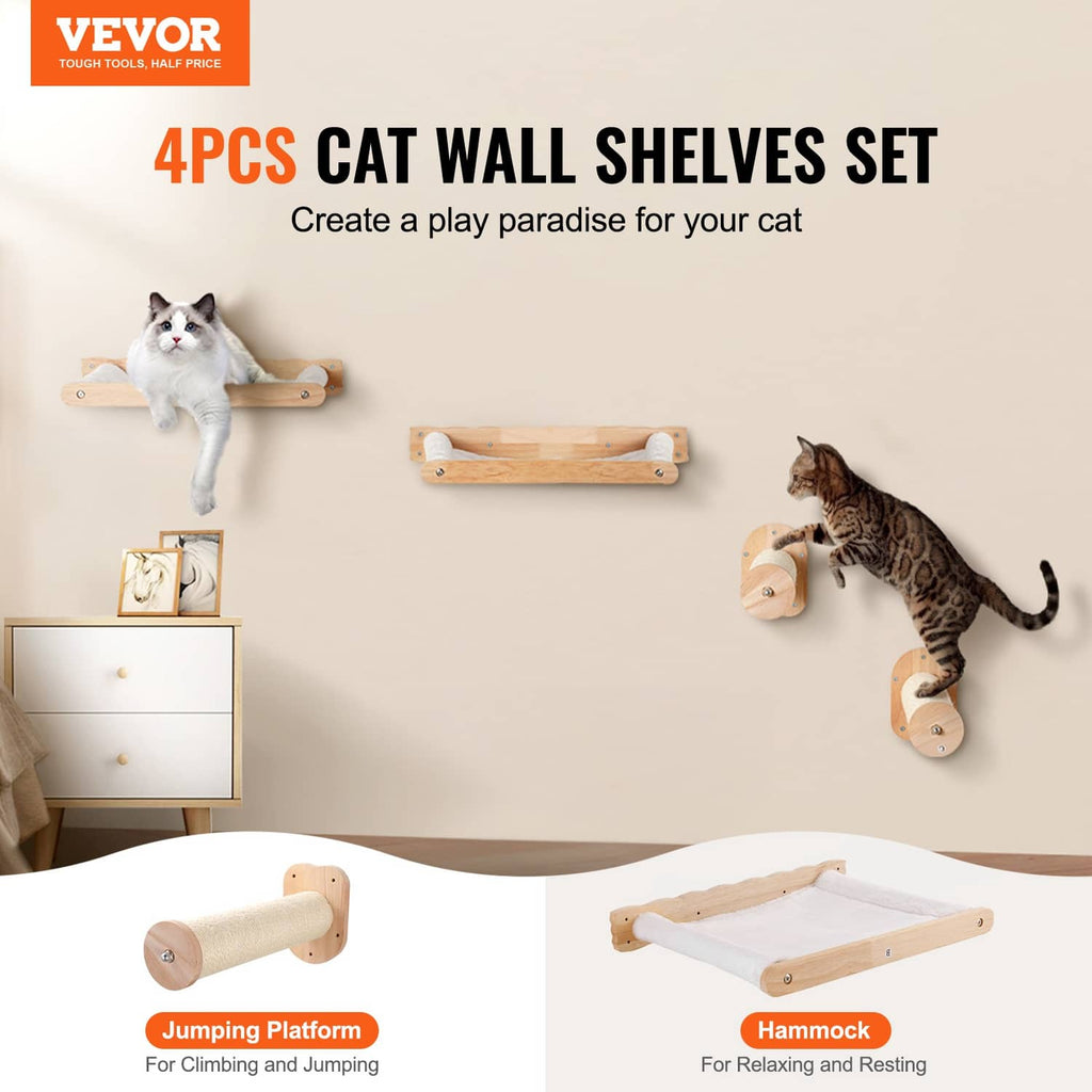 Wall-mounted cat shelf set with platforms, sisal rope posts, and a hanging hammock