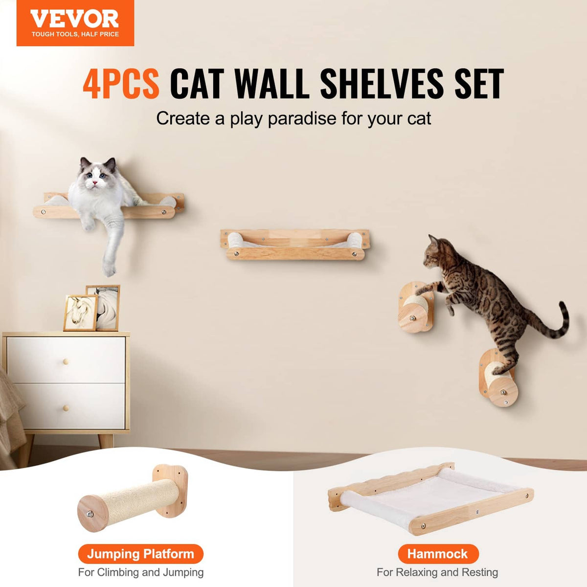 Wall-mounted cat shelf set with platforms, sisal rope posts, and a hanging hammock