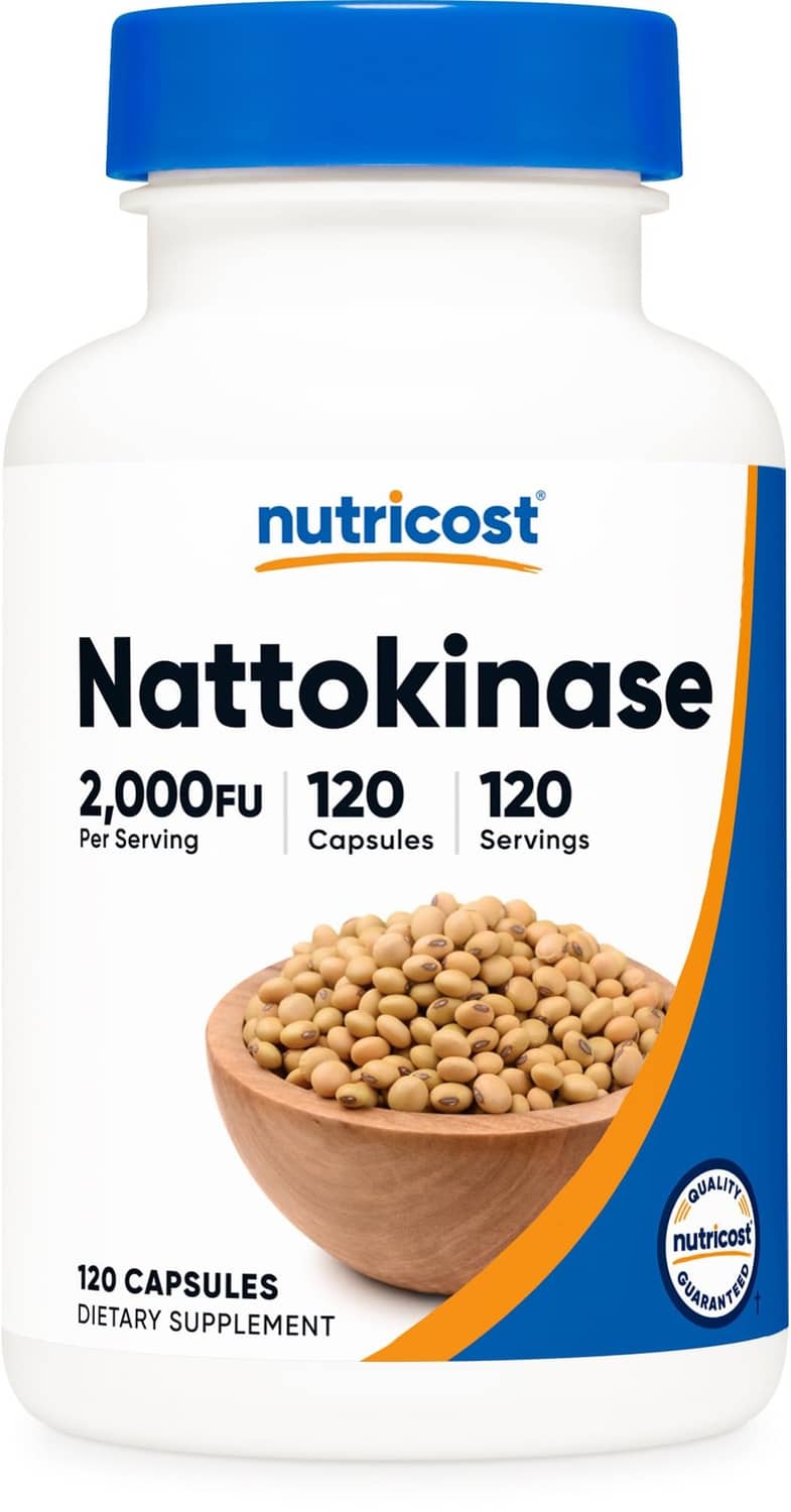 Nutricost Nattokinase supplement bottle with blue cap, label shows 2,000FU and 120 capsules