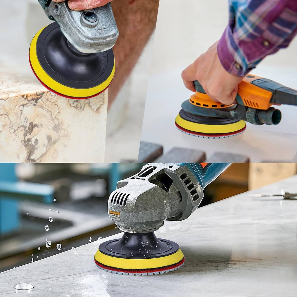 Angle grinder with round diamond polishing pad smoothing a stone tile surface