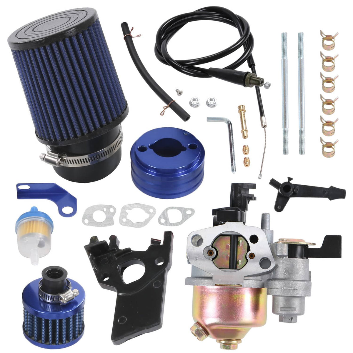 Carburetor air filter adapter kit with blue filter cone and intake components