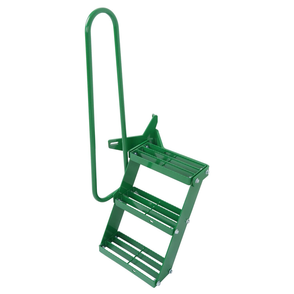 Green tractor left-hand step extension kit with curved handle and grated step platform