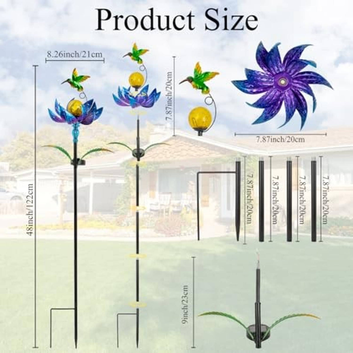Solar wind spinner product size diagram showing hummingbird, blue flower, and metal stake