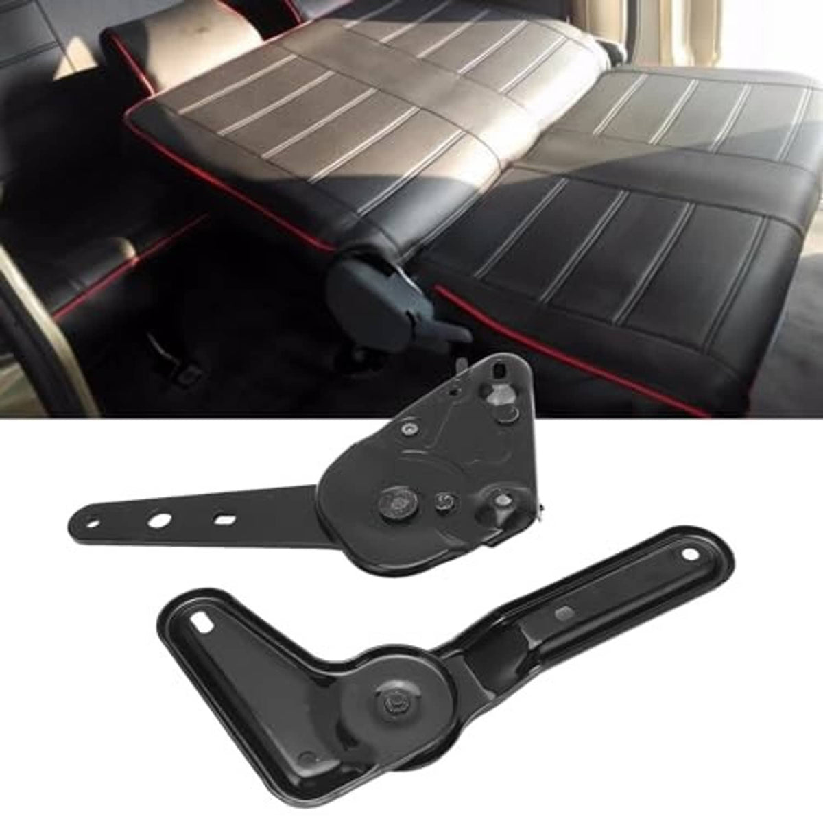 Black seat angle adjuster parts shown near a black upholstered seat