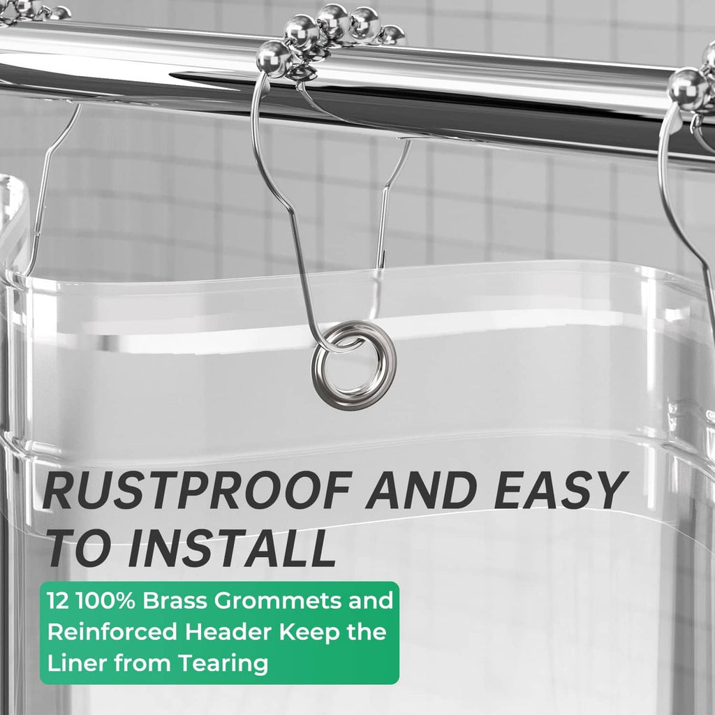 Clear shower curtain liner top with metal grommet rings on chrome rod
