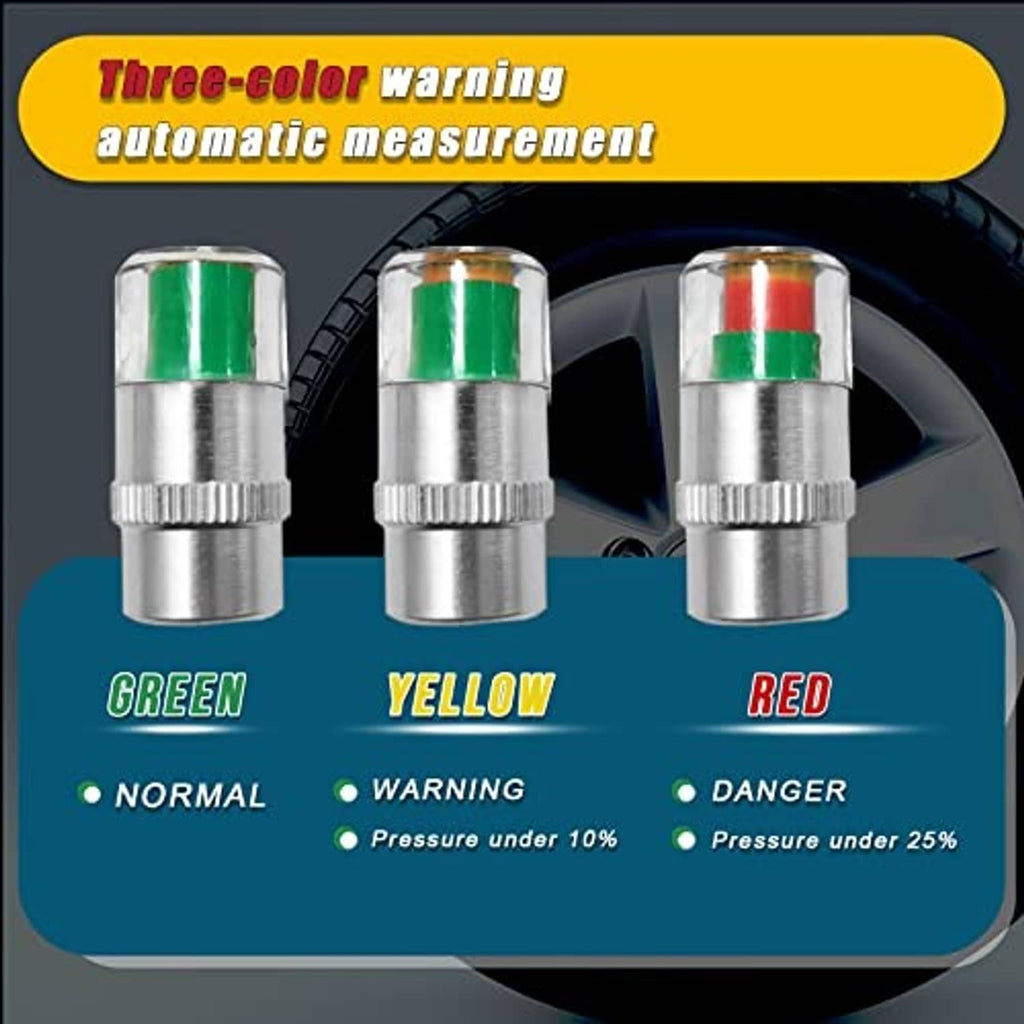 Three silver tire valve stem caps with clear tops and green/yellow/red band colors