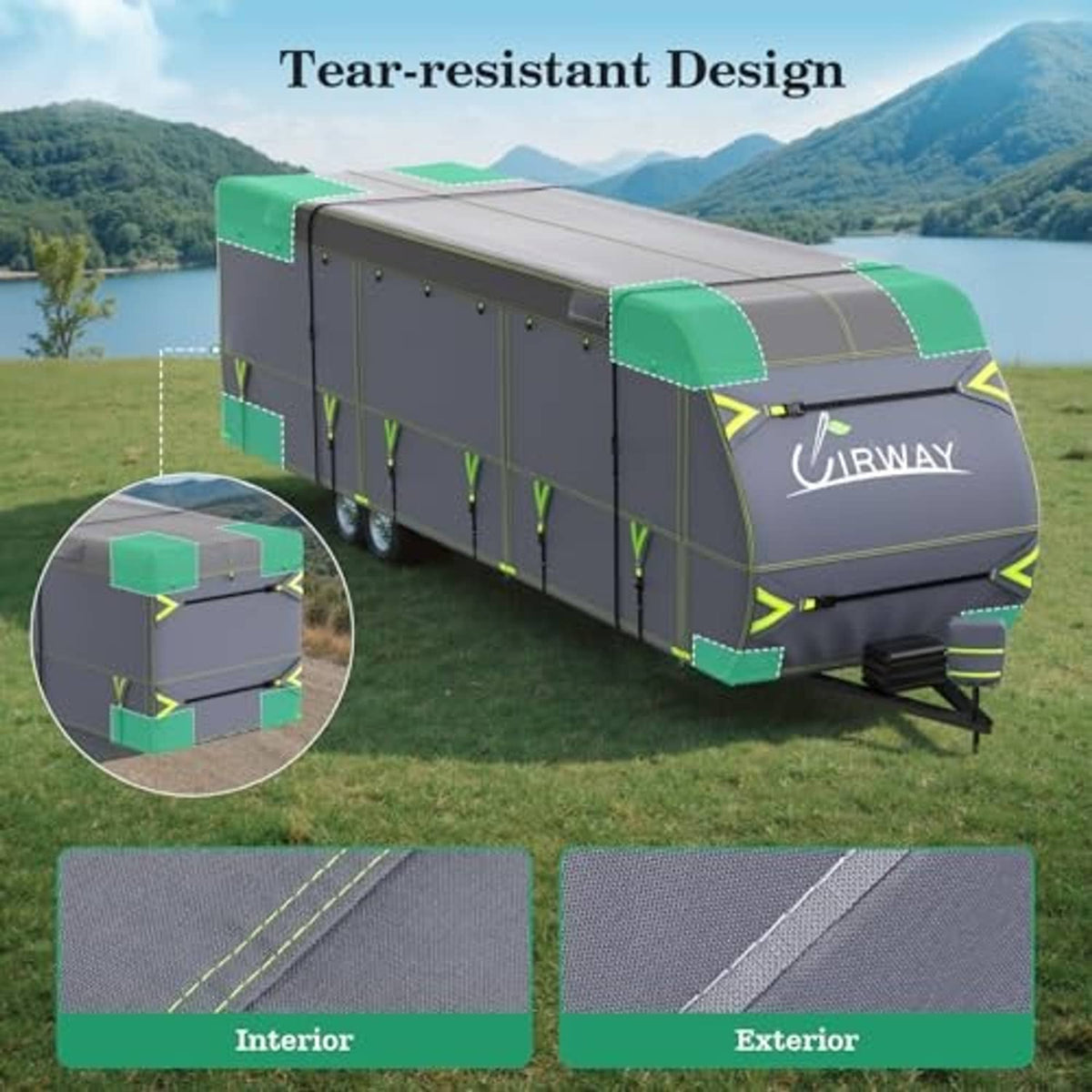 Gray RV trailer cover with tear-resistant design and green reinforced corner panels.