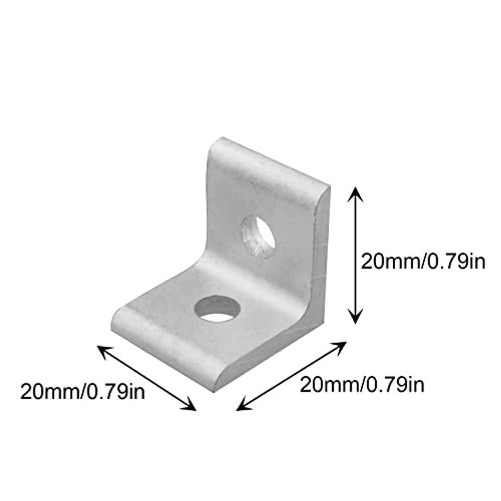 Aluminum inside corner bracket with 20mm dimensions, L shape, two mounting holes.