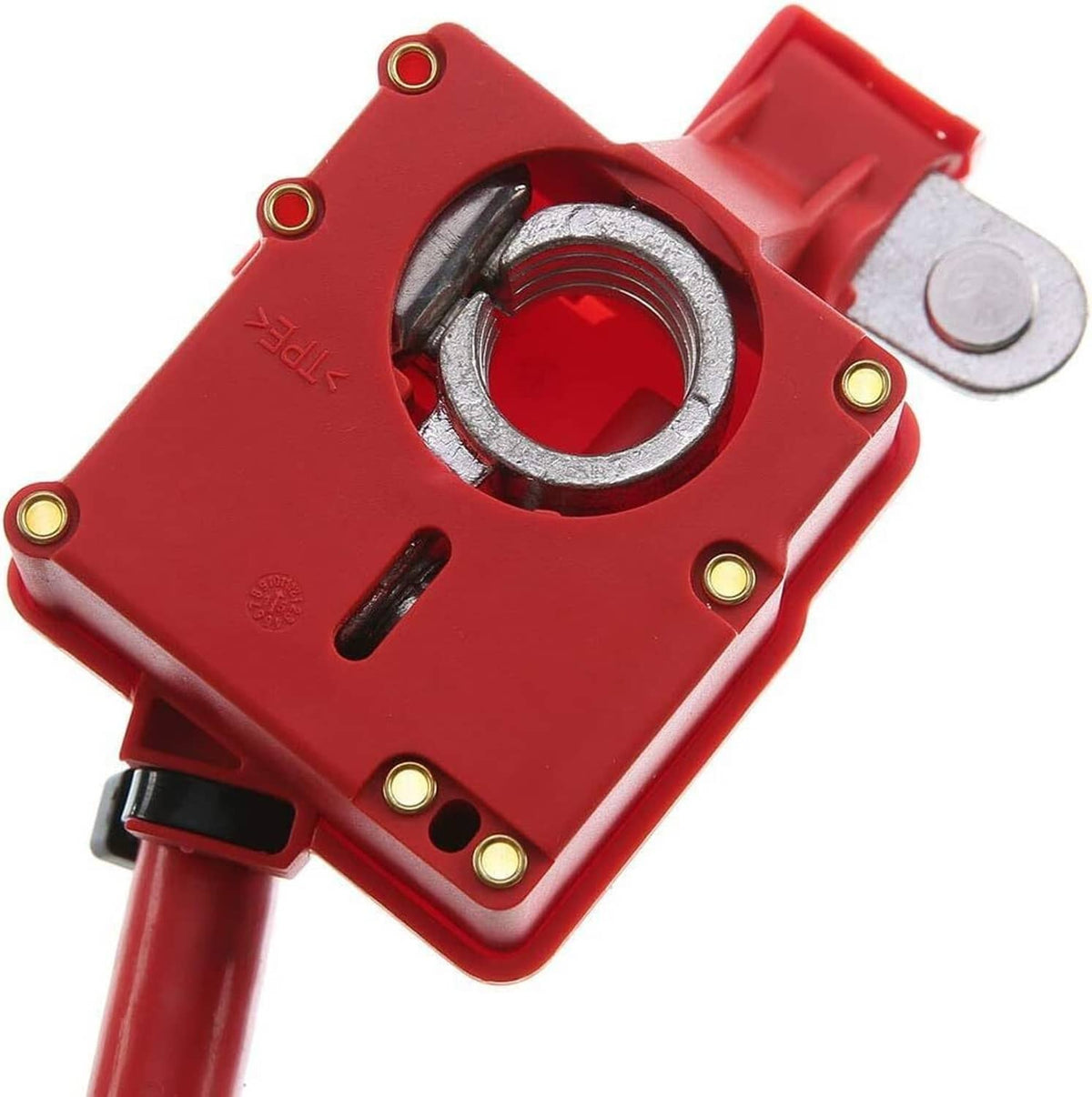Red positive battery terminal module with circular clamp opening and metal stud