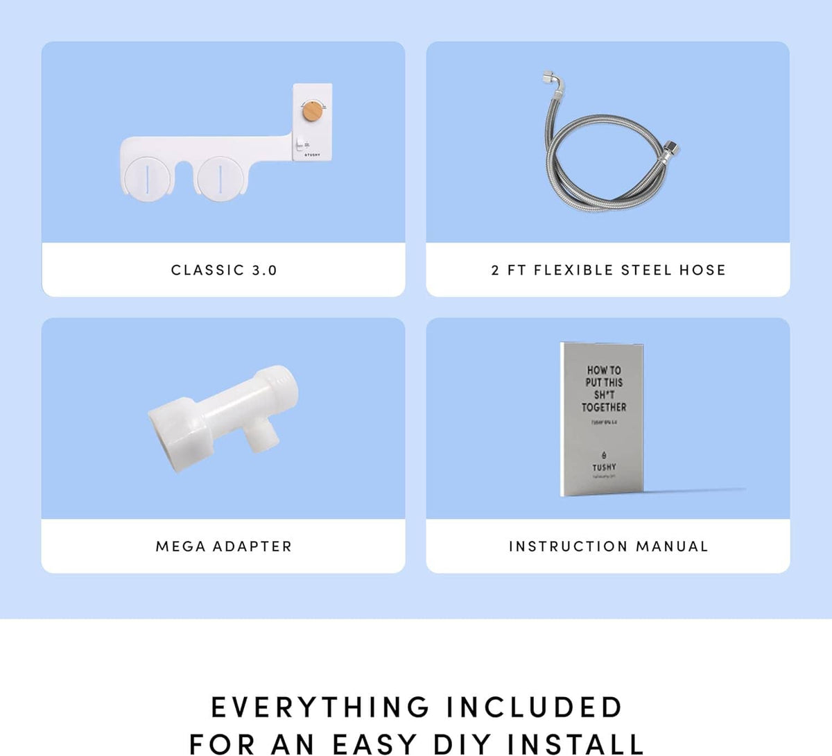 Bidet attachment kit components: mega adapter, flexible steel hose, and instruction manual