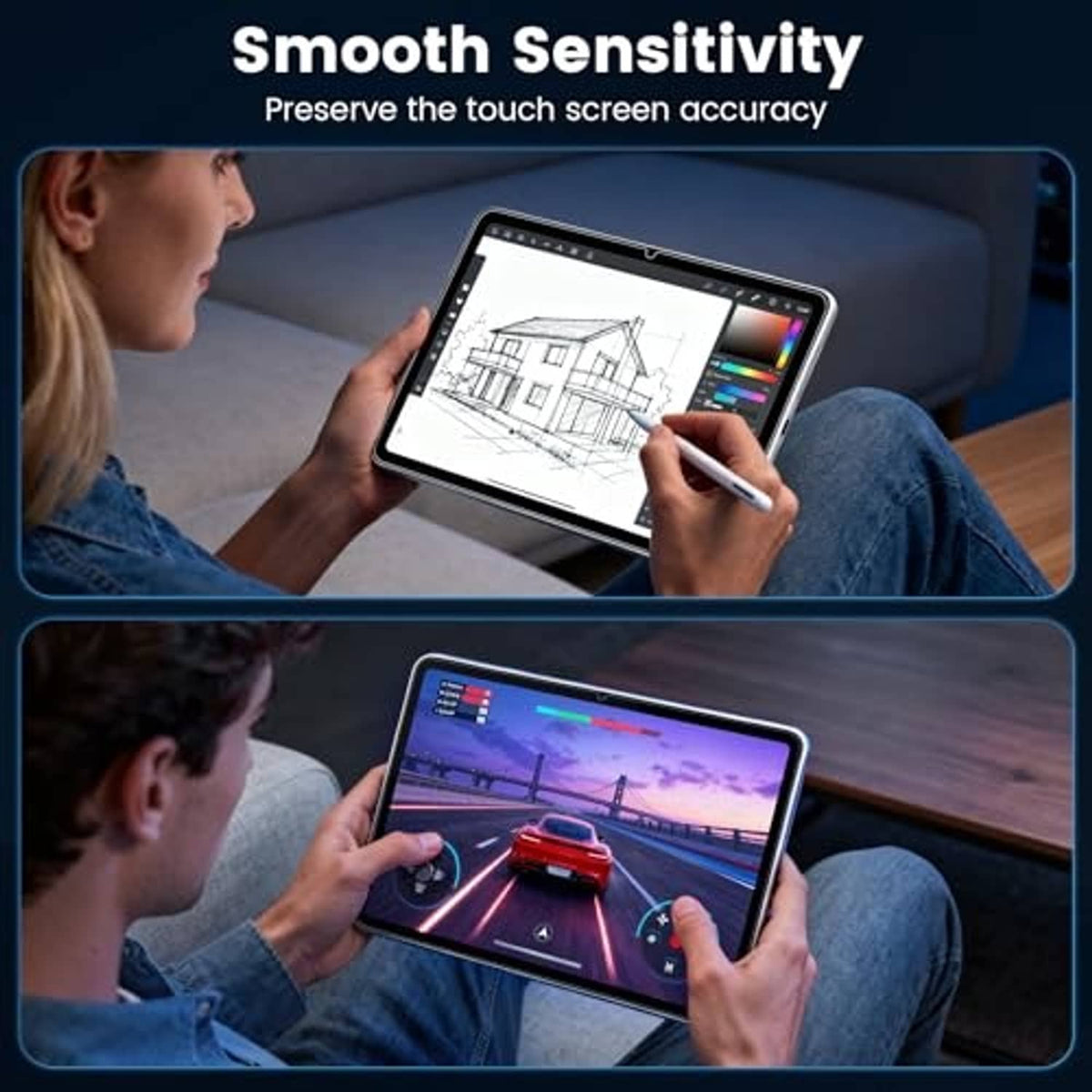 Clear tempered glass screen protector on tablet, smooth touch surface