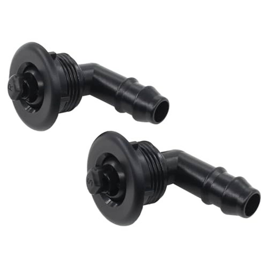 Pair of black washer jets showing circular faceplate and hose connection ends