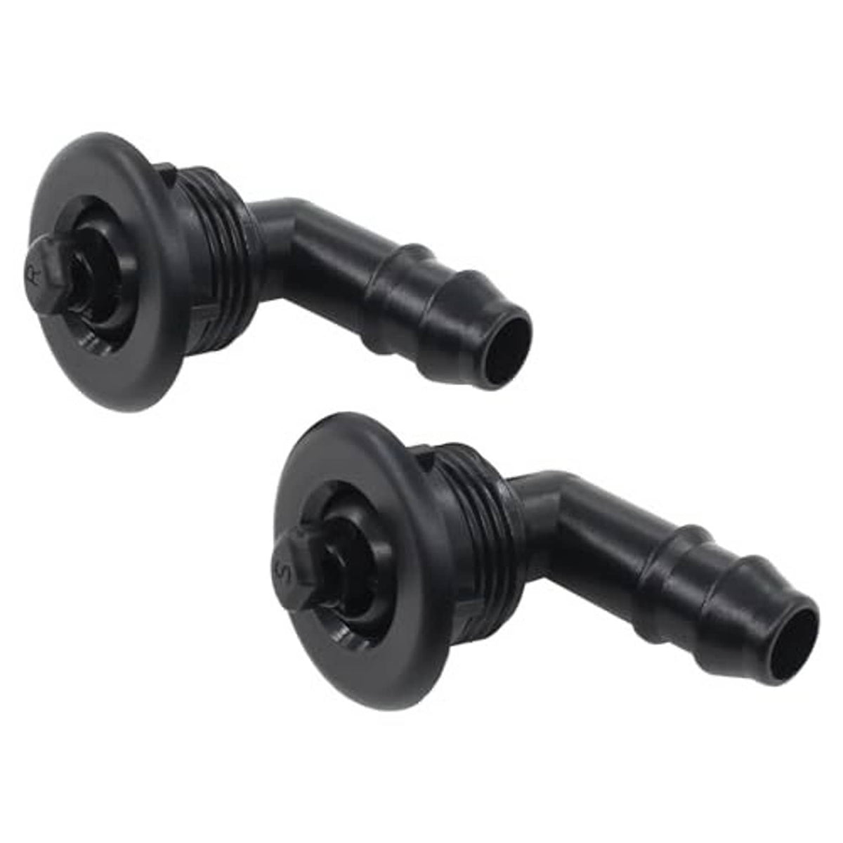 Pair of black washer jets showing circular faceplate and hose connection ends