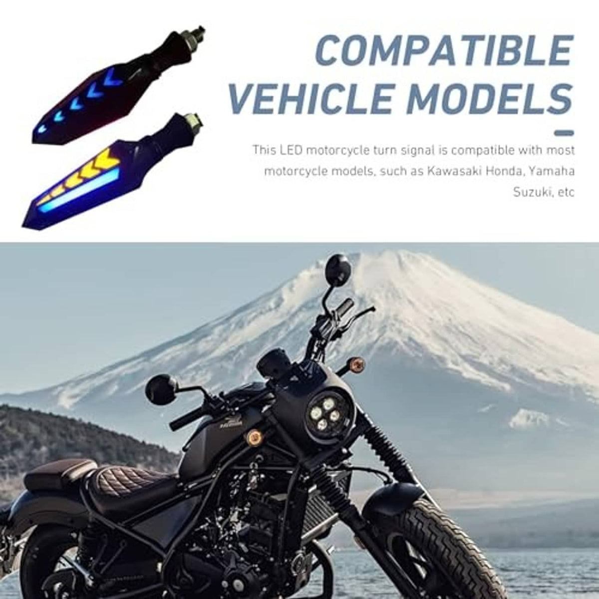 Motorcycle LED turn signal light kit, blue arrow LED indicators with yellow accent arrows