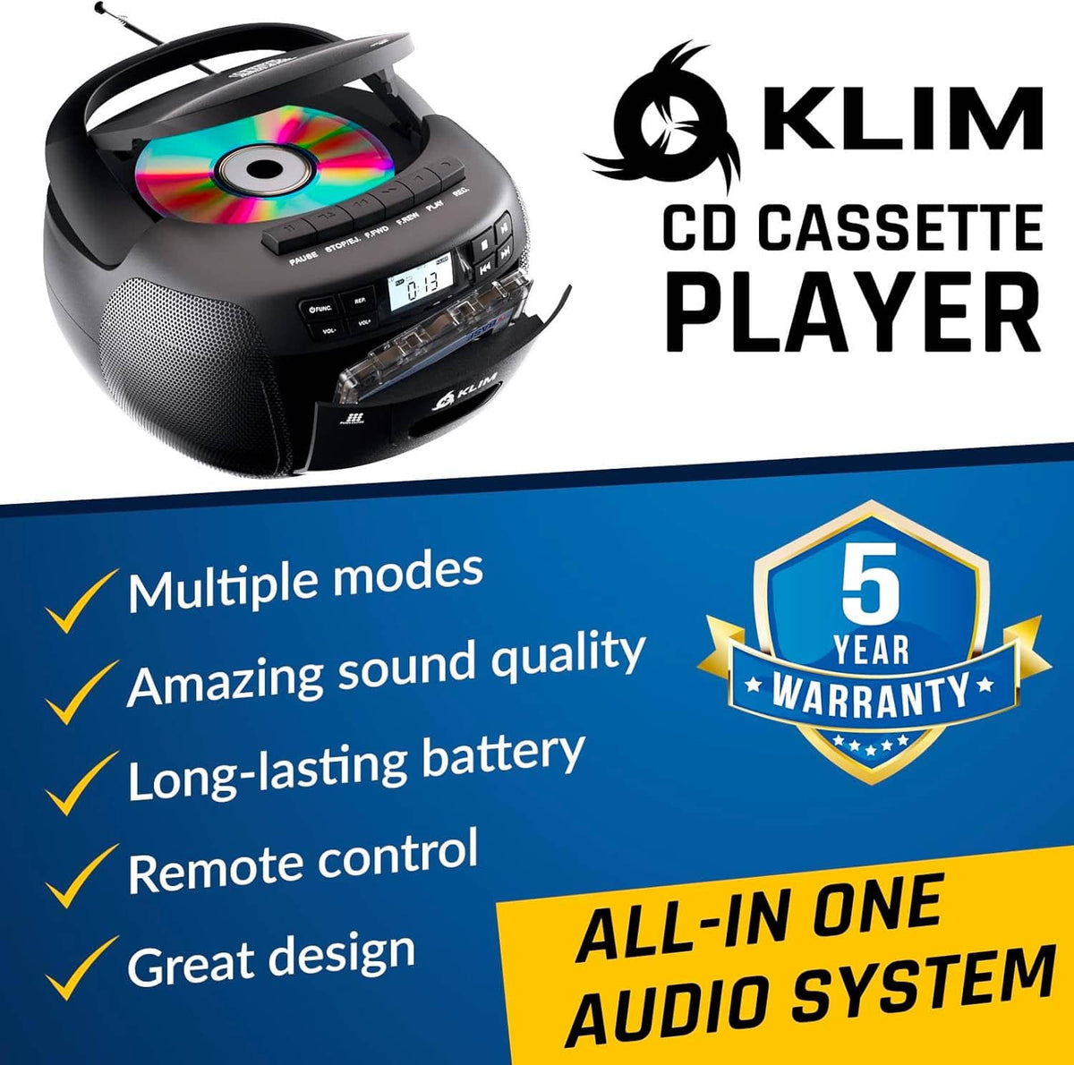 Black CD cassette player boombox with CD tray open and remote control beside it.