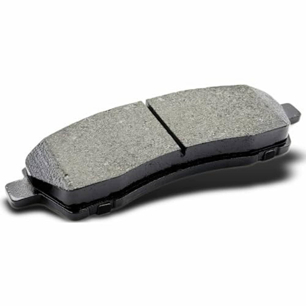 Ceramic brake pad with two-piece gray friction blocks and black backing seam