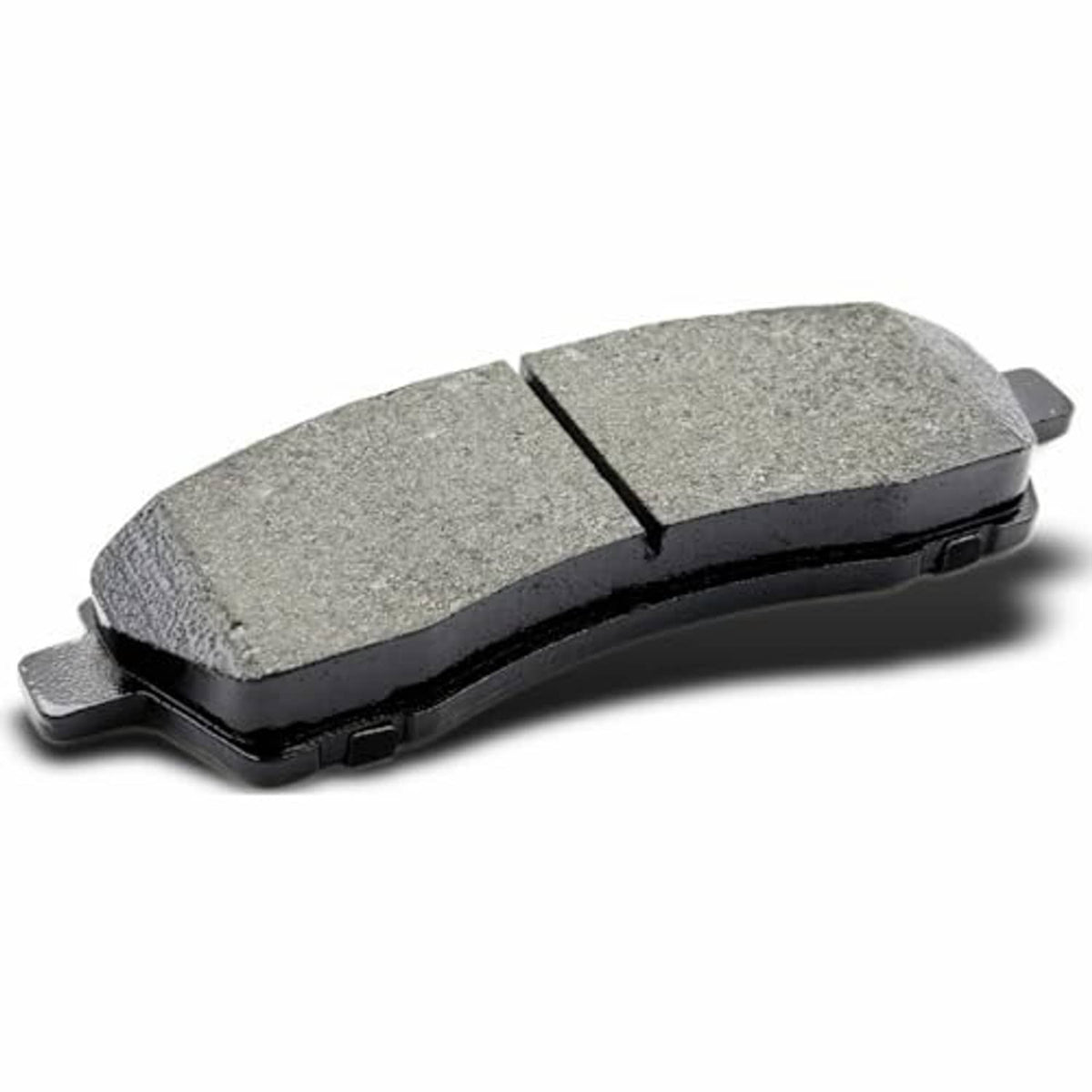 Ceramic brake pad with two-piece gray friction blocks and black backing seam