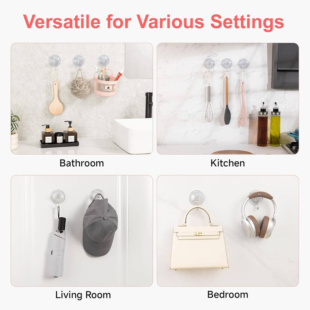 Set of four transparent dual-hook suction shower hooks mounted on walls