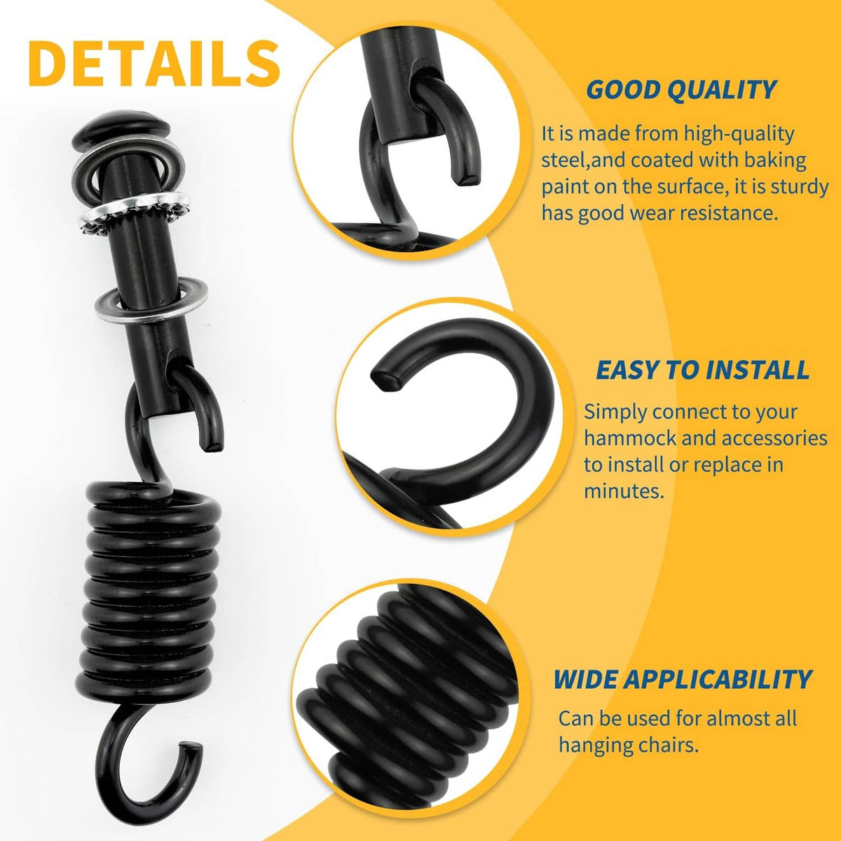 Black hanging chair kit detail: coiled spring hook and top cap connector