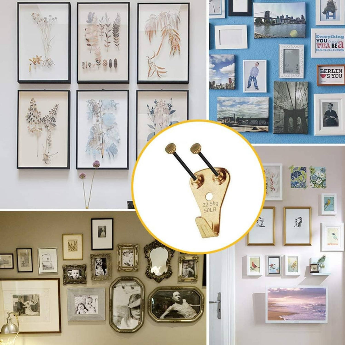Gold dual-screw picture hanging hook used for wall artwork display