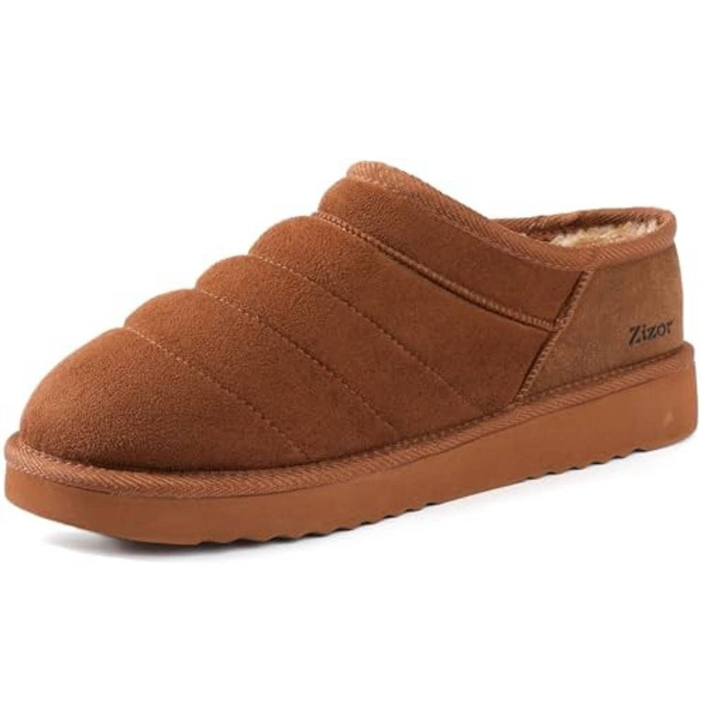 Tan fur-lined slip-on house shoe slipper with padded sole and stitched panels.