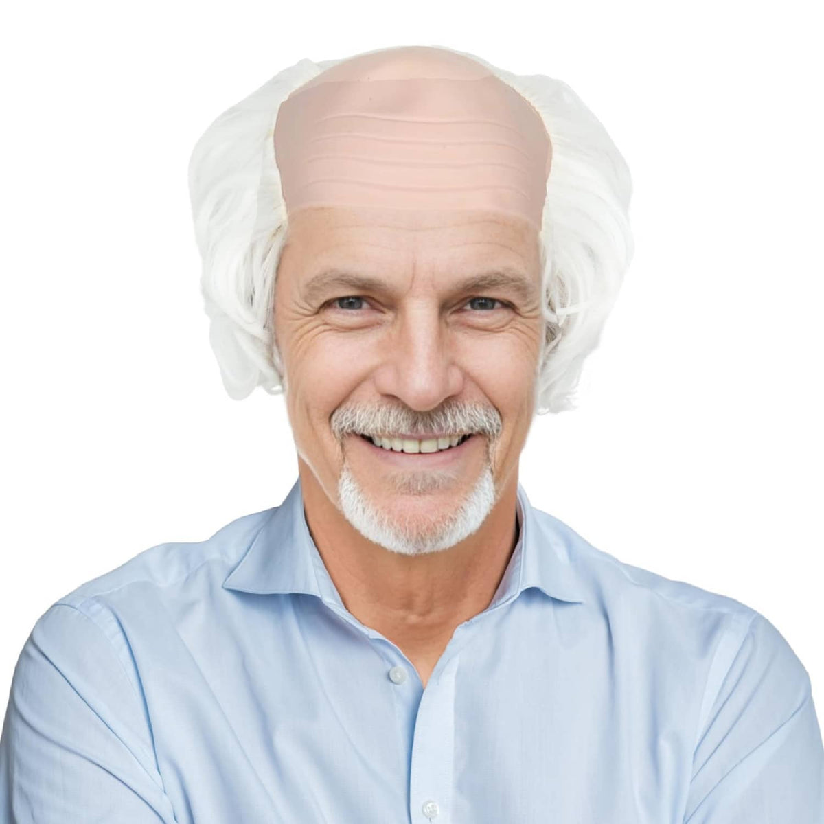 Old man wig with white wavy hair, light flesh-toned bald cap, and gray mustache