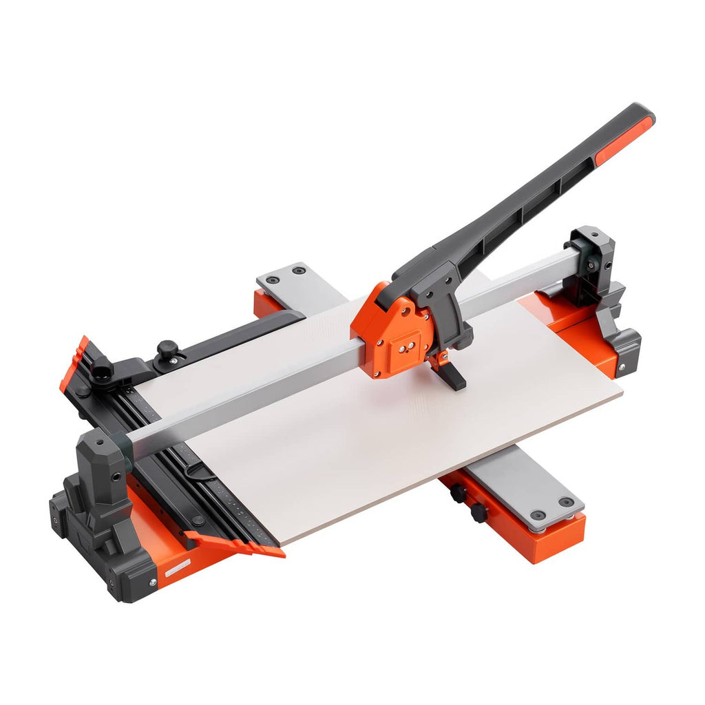 Manual tile cutter side view with orange press handle and gray cutting frame