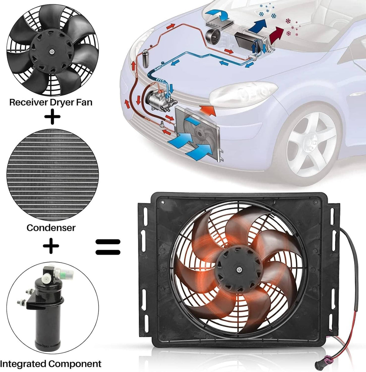 12V underdash car A/C condenser and receiver-dryer fan with integrated compressor