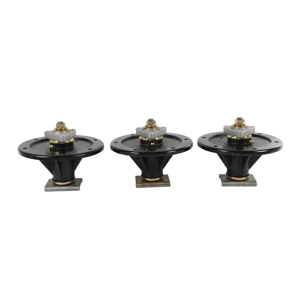 Set of three black mower deck spindles showing top bolts and mounting feet