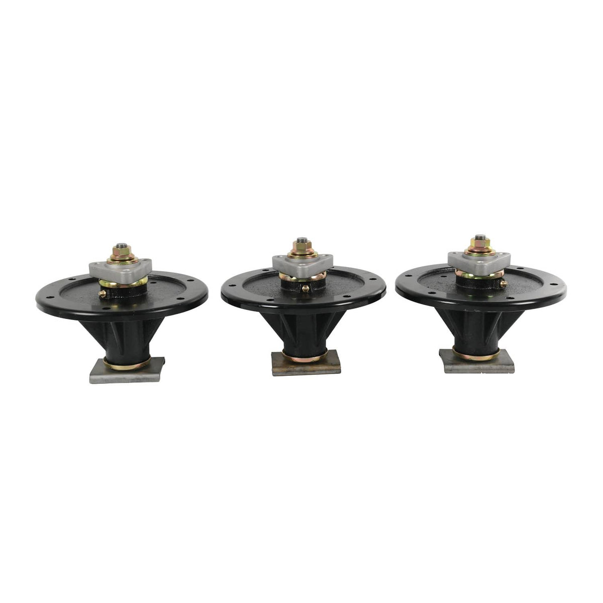 Set of three black mower deck spindles showing top bolts and mounting feet