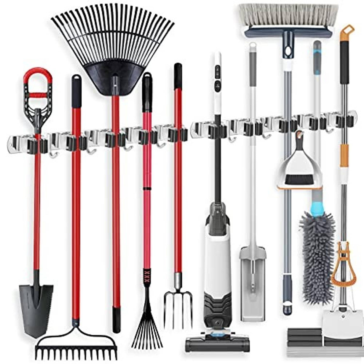 Wall mount broom holder with chrome rack and hooks, holding brooms, mops, and tools