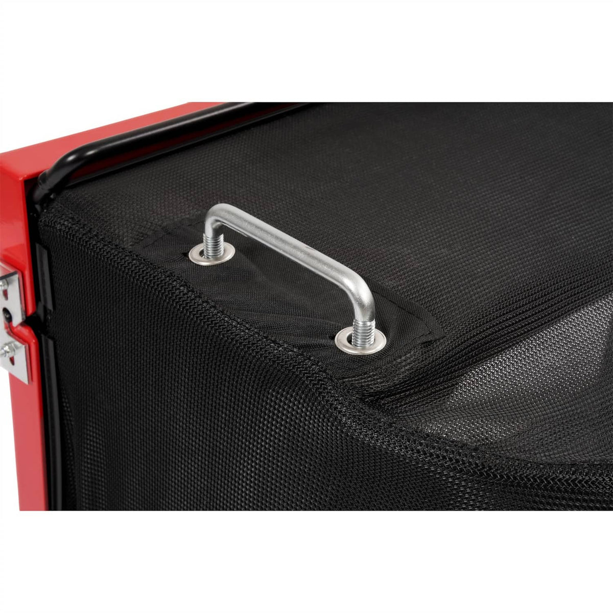 Close-up of black bag strap secured to top bar with metal U-bolt