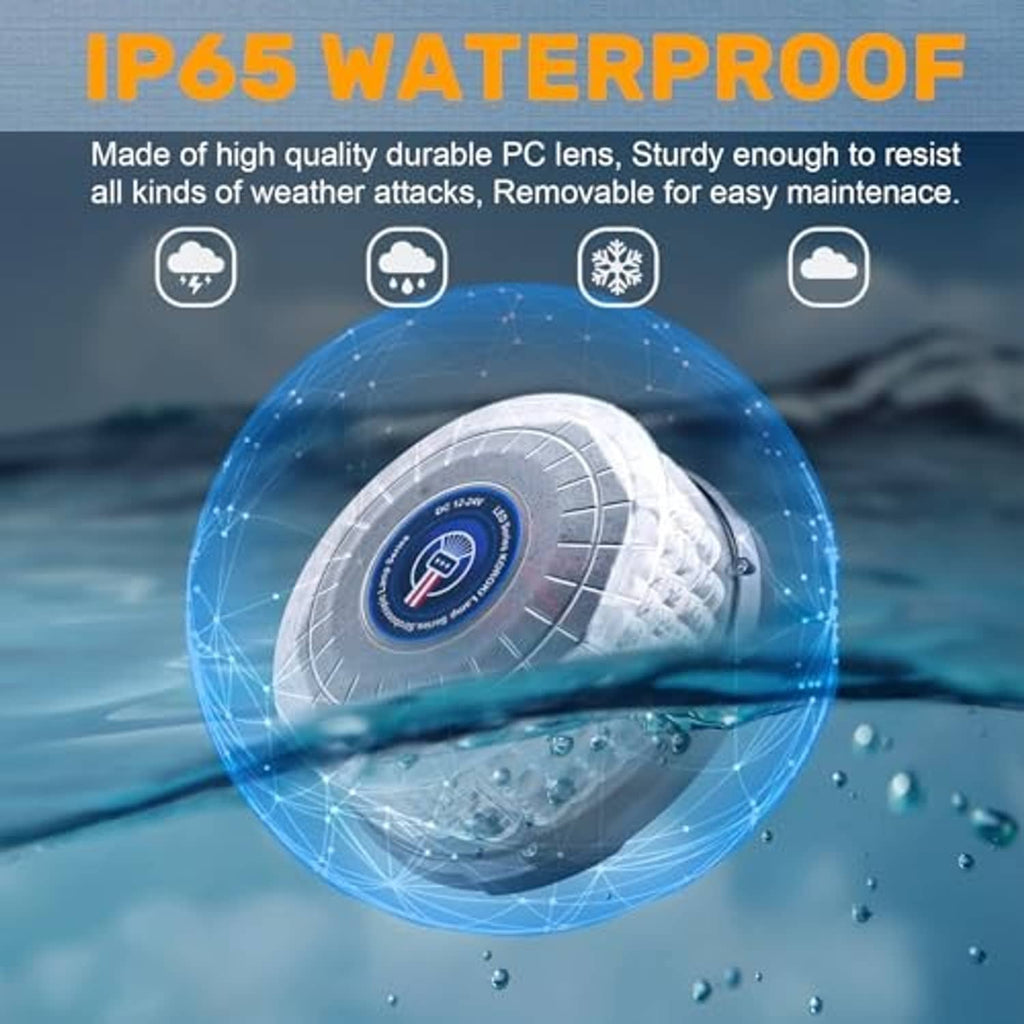 Amber LED magnetic beacon light with clear waterproof dome lens in splashing water